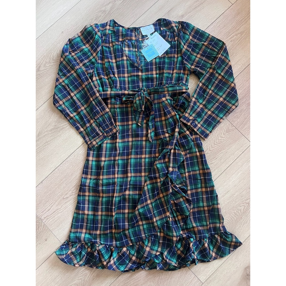 Hayden Los Angeles Green Plaid Ruffle Midi Dress NWT Medium Tie Waist‎ V-Neck